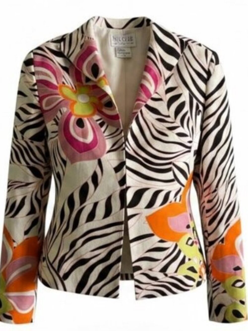 Silk Club Collection, Silk Blazer Jacket, zebra and floral print, Size S